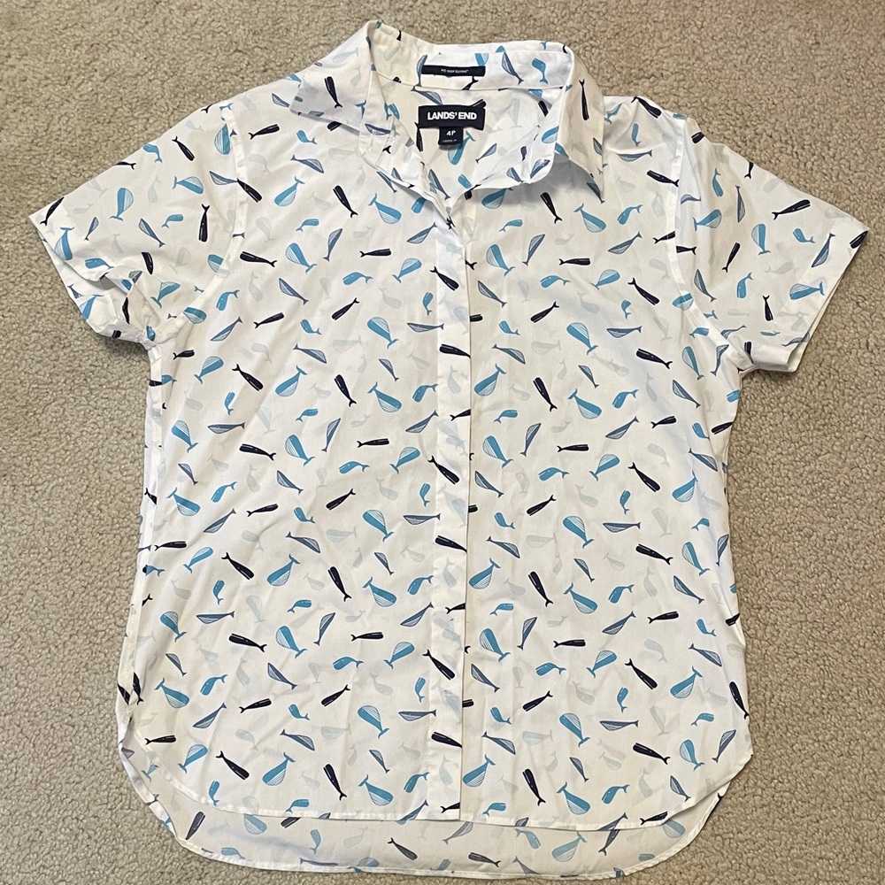 Lands' End Women's No Iron Supima Cotton Short Sleeve Shirt Whale Pattern